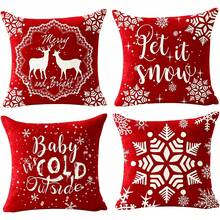 4PCS Christmas Decorative Pillow Cover, Red Snowflake And Christmas Tree Printed Cushion Cover, Farmhouse Style Suitable For Home Sofa And Living Room, Home Decor / Autumn Decoration / Room Decoration, Single-Sided Print, Pillow Insert Not Included - Red - View 7