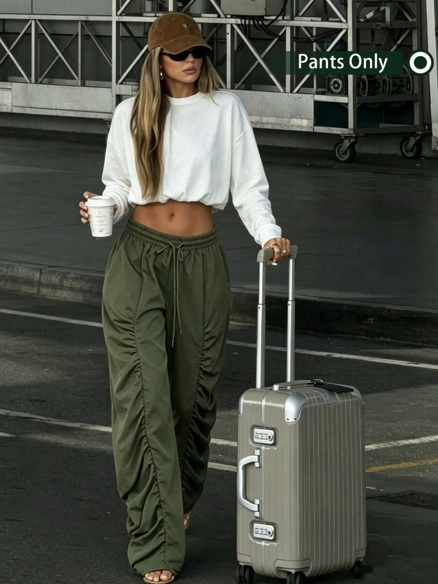 Women's Spring/Autumn Casual Elegant College Airport Outfit Ruffle Drawstring Pocket Single Piece Solid Color Woven Fabric Long Pants - Army Green - View 1
