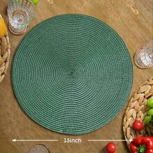 6 Pcs Dark Green PP Hand-Woven Round Placemats, Heat Insulation Table Mats, Wrinkle Resistant Decorative Pads, Multi-Color Optional, For Birthday Christmas Housewarming Banquet Holiday Party Family Gathering - Dark Green - View 6