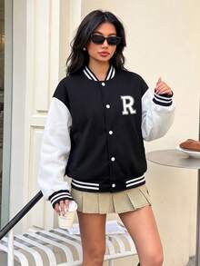 1pc Teen Girls' Spring/Autumn/Winter Colorblock Baseball Jacket, Fleece Lined Thickened Letter Print Ribbed Loose Outdoor Sports Casual - Black - View 7