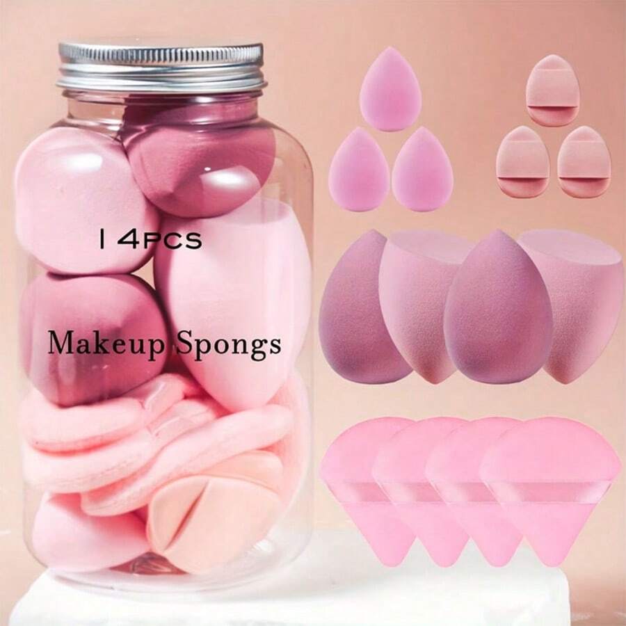 14pcs Makeup Sponge Set With Storage Jar, Soft Foundation Blender, Makeup Sponge Finger Puff, Dry & Wet Dual Use Foundation Powder Puff, Multiple Colors Available - Multicolor - View 1