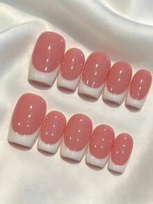 10 Peças Unhas Postiças Reutilizáveis Feitas à Mão com Cobertura Total, Comprimento Curto a Médio Quadrado com Borda Francesa Rosa & Branca Brilhante, Unhas Clássicas Fofas de Alta Qualidade para Manicure Francesa, Adequadas para Uso Diário e Festas de Mulheres e Meninas - Multicolorido - Visão 1