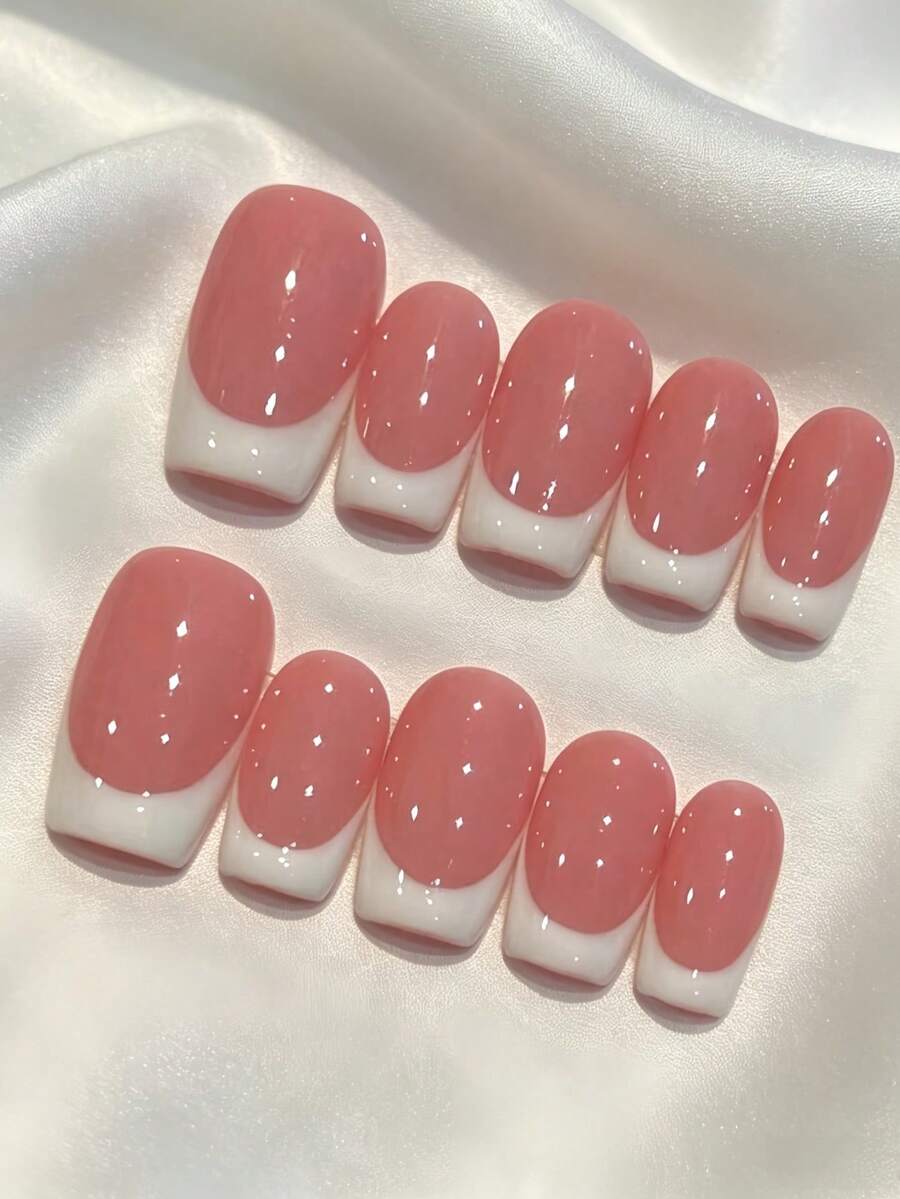 10 Peças Unhas Postiças Reutilizáveis Feitas à Mão com Cobertura Total, Comprimento Curto a Médio Quadrado com Borda Francesa Rosa & Branca Brilhante, Unhas Clássicas Fofas de Alta Qualidade para Manicure Francesa, Adequadas para Uso Diário e Festas de Mulheres e Meninas - Multicolorido - Visão 1