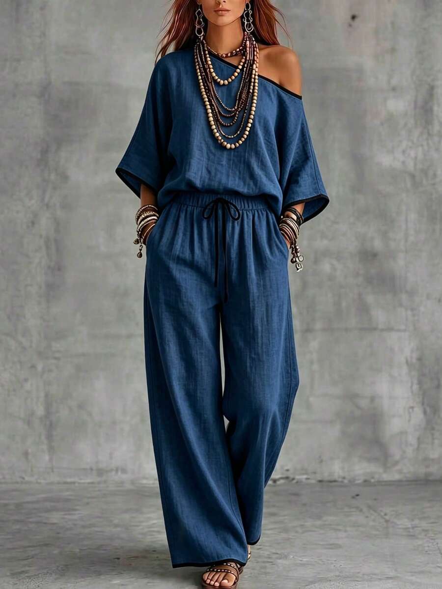 Elegant Commuter Colorblock Patchwork Design, Asymmetrical Shoulder Loose Top, Paired With Straight Leg Pants, Slanted Pockets, Woven Solid Color, Women's 2 Pieces Set - Navy Blue - View 1