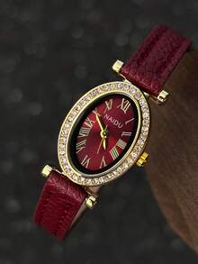 1pc Women's Oval Quartz Watch With Rhinestone Bezel, Red Dial With Roman Numeral Markers, Red Strap, Luxury Vintage British Style, Suitable For Daily Wear, Party, Travel, Gift - Red - View 4
