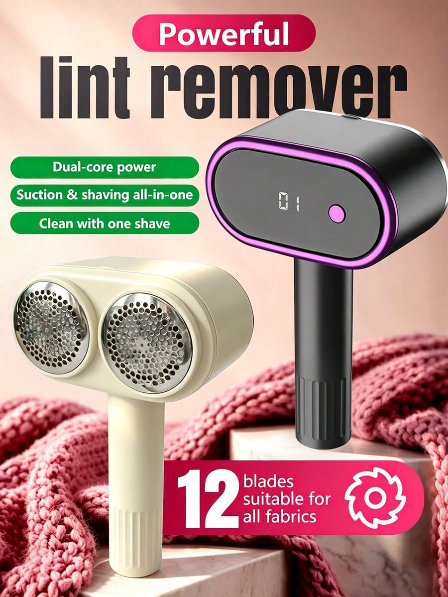 Dual-Head Rechargeable Fabric Shaver, 12-Blade Precision Steel Blades, 800mAh Digital Battery Display, Large Capacity Lint Storage Box, 3D Curved Knitted Fabric Protection Mesh, Efficient Clothing Lint Remover, Suitable For Sweaters And Coats - A - View 1
