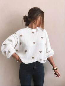 Women's Plus Size Heart Pattern Round Neck Drop Shoulder Long Sleeve Casual Sweater - White - View 7