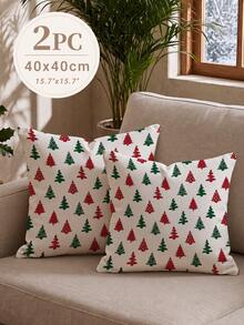 Christmas Minimalist Red & Green Christmas Tree Pattern Waffle Fabric Cushion Cover, Single Side Printed Soft Waffle Polyester Material, Waffle Pillowcase Suitable For Room Decoration, Modern Minimalist Sofa Living Room Decor, Gift Giving, Party Decoration - Multicolor - View 14