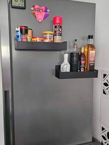 4 piezas Estante magnético para especias de refrigerador, Estante magnético multifuncional sin taladro, Estante de almacenamiento magnético fuerte, Estante de almacenamiento magnético ajustable en altura, Adecuado para lavadora y refrigerador, Accesorios de barra de café de cocina, Estante de almacenamiento práctico - Negro - Ver 3