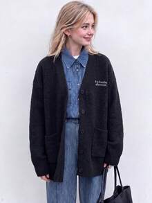 Women's Autumn/Winter Minimalist Small Letter Design V-Neck Sweater Cardigan Jacket - Black - View 1