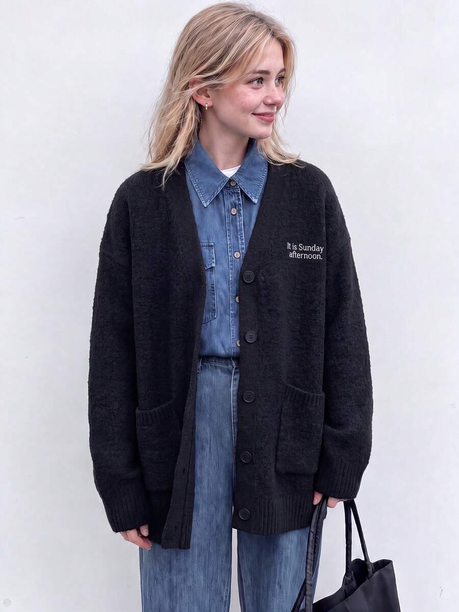 Women's Autumn/Winter Minimalist Small Letter Design V-Neck Sweater Cardigan Jacket - Black - View 1