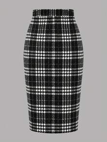 EARO Women's Fashion Plaid Slim Fit Midi Skirt, Decorated With Chain Detail, Slightly Elastic Fabric, Elegant And Versatile - Black and White - View 2
