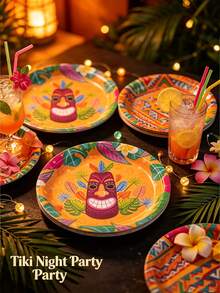20 Piece Set, Cutlery, Hawaiian Mask Themed Paper Tray, 7-Inch Paper Tray, 9-Inch Paper Tray, Paper Cup, Napkin, Party Tray, Suitable For Various Holiday Decorations, Receptions, Parties, Picnics, Camping, And Baking. - Multicolor - View 6