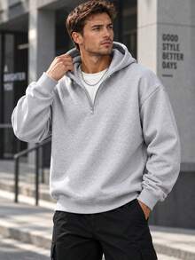 Men's Half Zip Up Hoodie, Solid Color Loose Drop Shoulder Long Sleeve Casual Pullover Hooded Sweatshirt - Grey - View 1