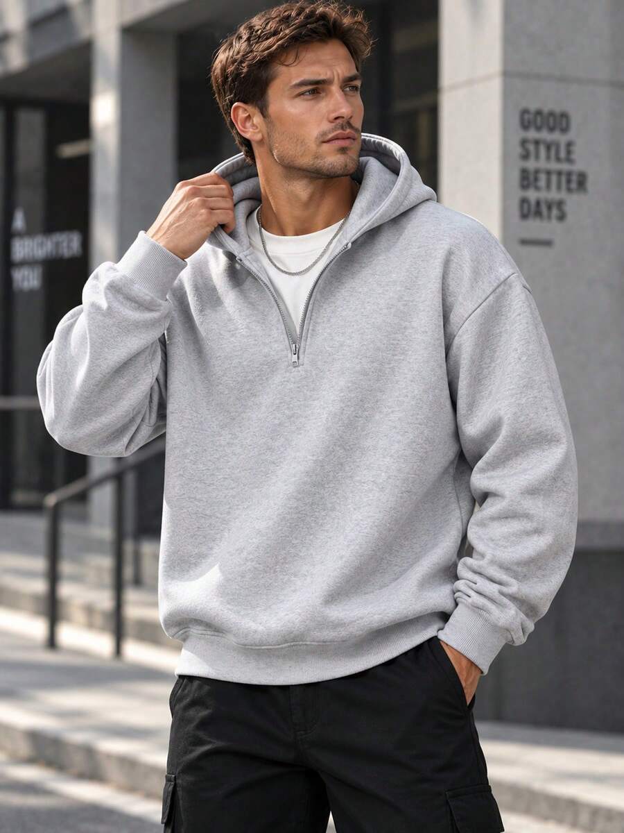 Men's Half Zip Up Hoodie, Solid Color Loose Drop Shoulder Long Sleeve Casual Pullover Hooded Sweatshirt - Grey - View 1