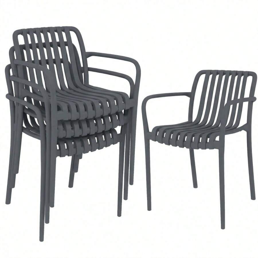Set Of 4 Stackable Garden Chairs With Armrests, Mesh Design, Ergonomic, Cream And White, For Outdoor Use. - Dark Gray + Plastic - View 1