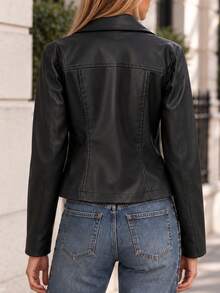 Women's Black PU Leather Zip-Up Utility Jacket - Winter & Autumn Structured Outerwear With Point Collar & Chest Flap Pockets For Modern Chic Style - Black - View 5