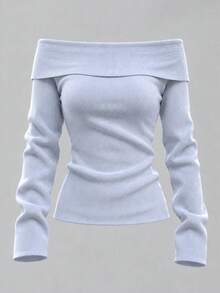 1pc Light Blue Thin Long Sleeve Inner Layer Sweater, Off-Shoulder Detail, Suitable For Daily Wear - Light Blue - View 2