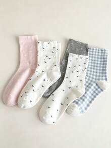 1/5/10 Pairs Women Sweet Heart Bow Plaid Mid-Calf Socks, Korean Style Cute Slouch Socks - Multicolor - View 5