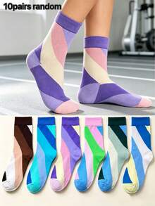 6 Pairs Geometric Color Block Diagonal Stripe Mid-Calf Socks, Unisex All-Season Sports Versatile Socks - Multicolor - View 9