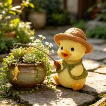 Fishing Duck Resin Figurine, Yellow Duck With Straw Hat, Japanese Garden Pond Landscape Decor, Desktop Ornament, Cartoon Animal Craft, Rockery Water Feature Decoration, Healing Style Novelty Gift - A - View 5