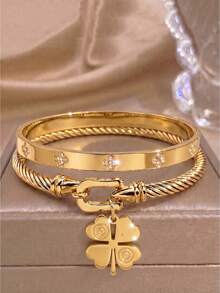 2pcsGold-Tone Stainless Steel Bangle With Exquisite Snowflake Charm, Romantic Vibe & Gentle Winter Texture - Gold - View 10