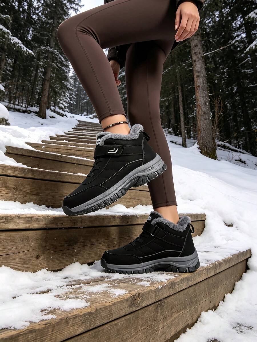 Women's Snow Boots, Thick Sole Hiking Boots, Fluffy Thermal Lining, Minimalist Solid Color, Unisex, Outdoor Cold-Resistant Warm Ankle Boots - Black - View 1