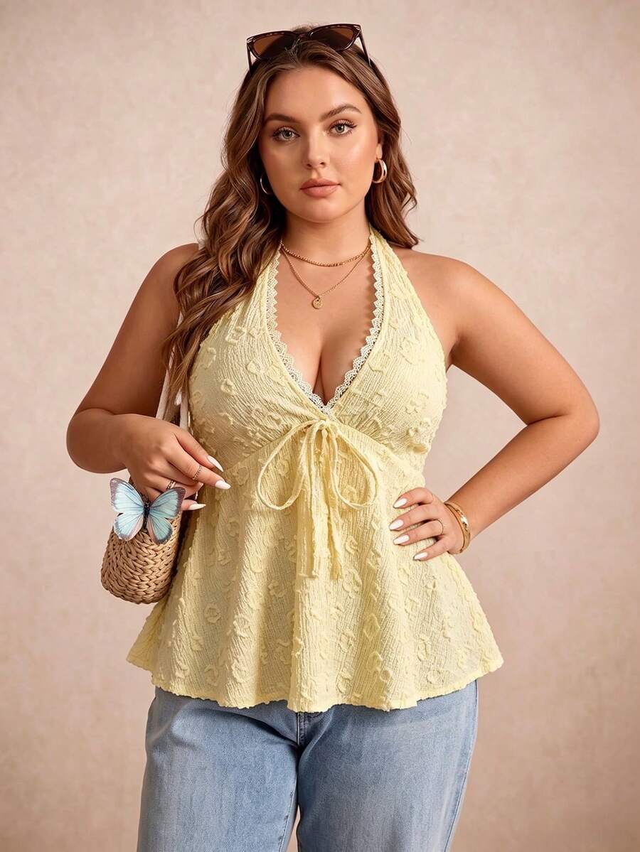 Rusttydustty Plus Size Women's Summer Vacation Contrast Lace Textured Front Tie Halter Neck Top, Suitable For Autumn/Winter - Yellow - View 1