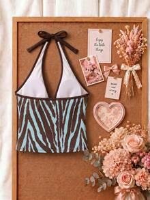 New Summer Beach Vacation Casual Style Leopard Print Halter Neck Two-Piece Swimsuit Set For Women - Multicolor - View 4