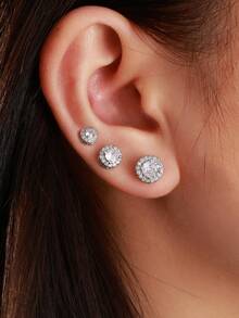 6pcs/Set Luxury Style Round Zirconia Stud Earrings Set For Women, Suitable For Commuting, Daily Wear And Dating - Circular Zirconium - View 2