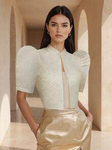 Modern Filipino Style Minimalist Elegant Stand Collar Blouse, Small Stand Collar, Structured Sleeve Design - Apricot - View 5