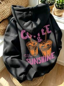 Women's Hooded Sweatshirt, Autumn/Winter New Iced Coffee Pattern And Letter Print, Drawstring Design, With Pockets, Casual Versatile Loose Fit Top, Fashionable Daily Wear - Black - View 1