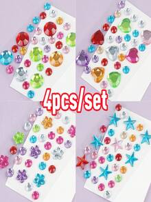 4Pcs Crystal Diamond Self-Adhesive Face Gems Stickers Rainbow Acrylic Rhinestone Face Jewels With Star, Heart & Flower Shape, Body DIY Decor Sparkly Face Stick On Gems For Rave Festival, Carnival, Party - Multicolor - View 13