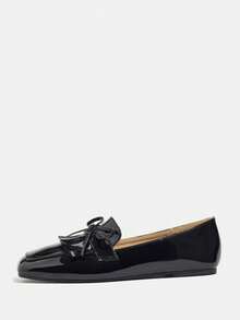 Women's Flat Slip-On Loafers With Bow & Tassel, Black Square Toe, Soft Sole, British Style, Versatile Fashionable Autumn New Slouchy Shoes Comfortable For All Day Wear - Black - View 3