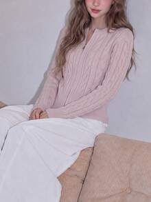 Women's New Casual Cable Knit Slim Fit Cardigan Sweater, Full Zip Front, Short Length Round Neck Long Sleeve, Suitable For Autumn/Winter Layering - Ash Powder - View 4