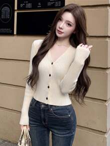 2026 Sexy Style Ribbed Knit Cardigan, V-Neck Cropped Slim Fit Cardigan, Lady Gentle Style Knitwear, Spring/Autumn Daily Date Commute, Elastic Knit Fabric Slimming Cardigan For Women 18-35 Years Old - Apricot - View 1