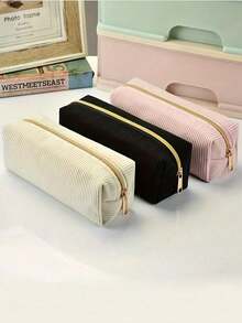 1/2pcs Solid Color Plaid Multifunction Pencil Case, Diamond Pattern Large Capacity Pencil Case, Stationery Bag, Student Pencil Case (Fuzzy School Pencil Case) - Corduroy Small - View 5