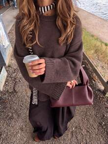 Women's Round Neck Drop Shoulder Knit Sweater, Loose Solid Color Basic Pullover Top, Retro Style, Suitable For Commuting, Campus Life, And Everyday Occasions. - Coffee Brown - View 4
