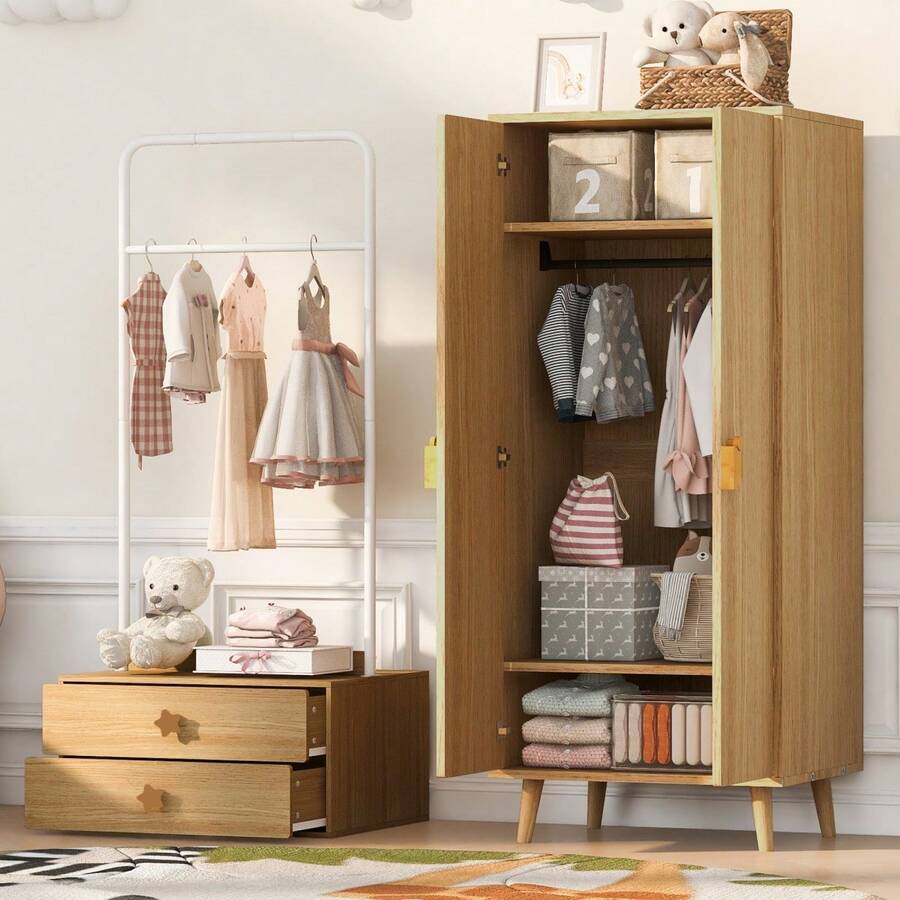 Wardrobe (Single Piece, 70 X 55 X 170 Cm), Double-Door Design With Spacious Storage Compartments, Cartoon-Shaped Handles, And Raised Legs, Wood Color. - 1 - View 1