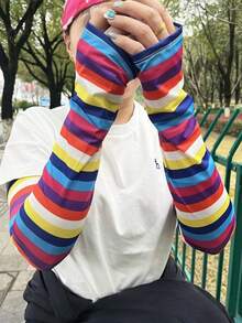 1對/2對夏季彩色條紋女款寬鬆袖套，防曬袖套，UV防護，適合戶外、開車、運動、騎行，度假禮物，輕量透氣冰感袖套，聚酯纖維材質 - A - 查看 11