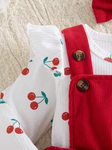 Autumn/Winter Baby Girl Stylish Outfit & Ribbed Cherry Long Sleeve Bodysuit & Red Ruffle Suspender Skirt & Red Bow Hair Tie & Newborn Outing Dress 3-Piece Set - Red - View 6