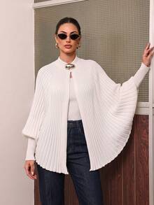Women's Vintage Luxury Style Cape Knit Cardigan, Stand Collar With Metal Decorative Buttons, Draped Ribbed Fabric, Casual Early Autumn Vibe - Apricot Color - View 5