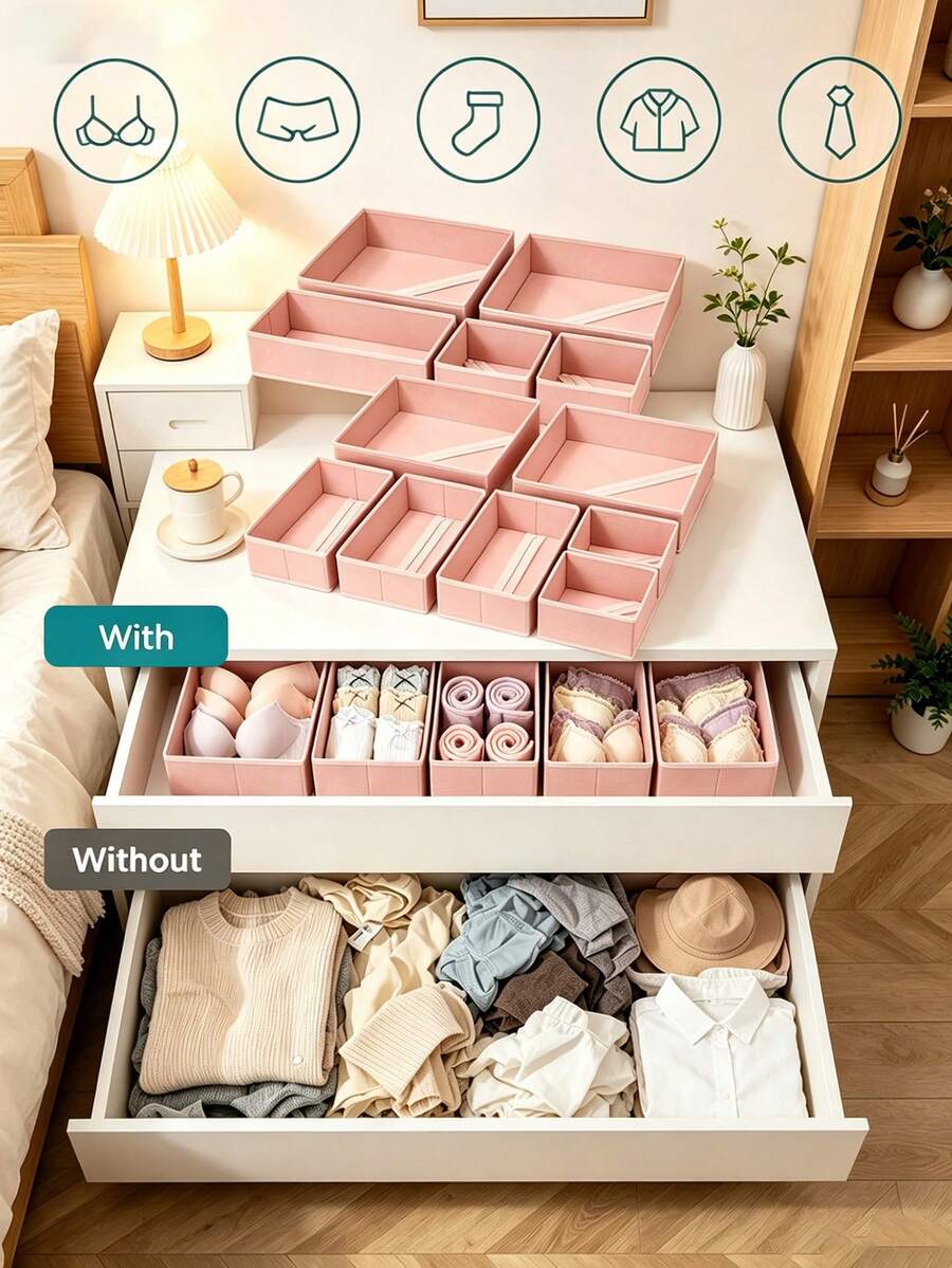 Foldable Fabric Storage Box, Wardrobe Organizer Drawer Divider, Suitable For Clothes, Underwear, Bras, Socks, Space-Saving Home Decor, Dorm Essentials, Pink Storage Bin Container, Household Must-Have - View 1