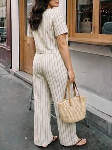 Auveirra Plus Size Spring/Summer Casual Minimalist Versatile Striped 2 Pieces Suit Set, Women Blazer + Pants In Fall/Winter - Apricot - View 2