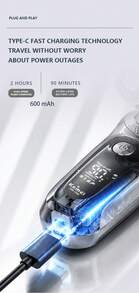 Kemei KM-1399 Men's Electric Shaver Waterproof Rechargeable Razor Magnetic Dual Head Replaceable Type-C Lithium Battery Bald Men Hair Clipper High Definition LED Digital Display Beard Trimmer Suitable For Business Travel Gift For Men - Silver - View 10