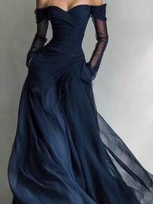 Vestidos de Fiesta Elegantes Mujer Vestidos Elegantes Largos Vestido Bandeau Estilo Francés Occidental Manga Larga Cintura Alta Tul Falda Amplia Ajustado Elegante para Mujer - Azul Marino - Ver 2