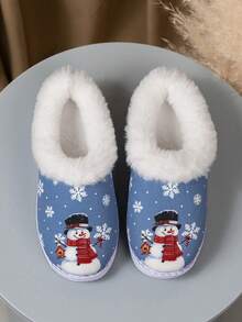 Girls Cute Playful Light Blue Snowman Print Plush Slippers, Thermal Lining Style, Suitable For Home Leisure Autumn/Winter Wear - Dusty Blue - View 2