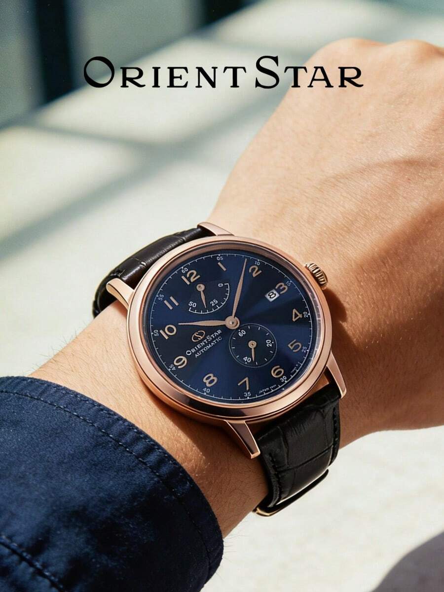 Orient Jam Tangan Mekanik Otomatis Pria Casing Warna Rose Gold Dial Biru Tua Sunburst Penanda Angka Arab Tali Kulit Emboss Motif Buaya Jam Bisnis Retro - Biru - View 1