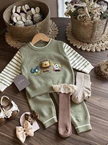Infant Toddler Spring Autumn New Knitted Sweater Set, Cartoon Lion 3D Embroidered Faux Two-Piece Top And Pants Set - Green - View 2
