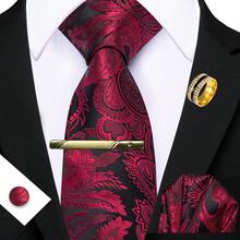 5Pcs Men Red Tropical Plant Jacquard Tie Pocket Square Cufflinks Tie Clip Ring Set, Cufflinks Pattern Random For Wedding - Red - View 2